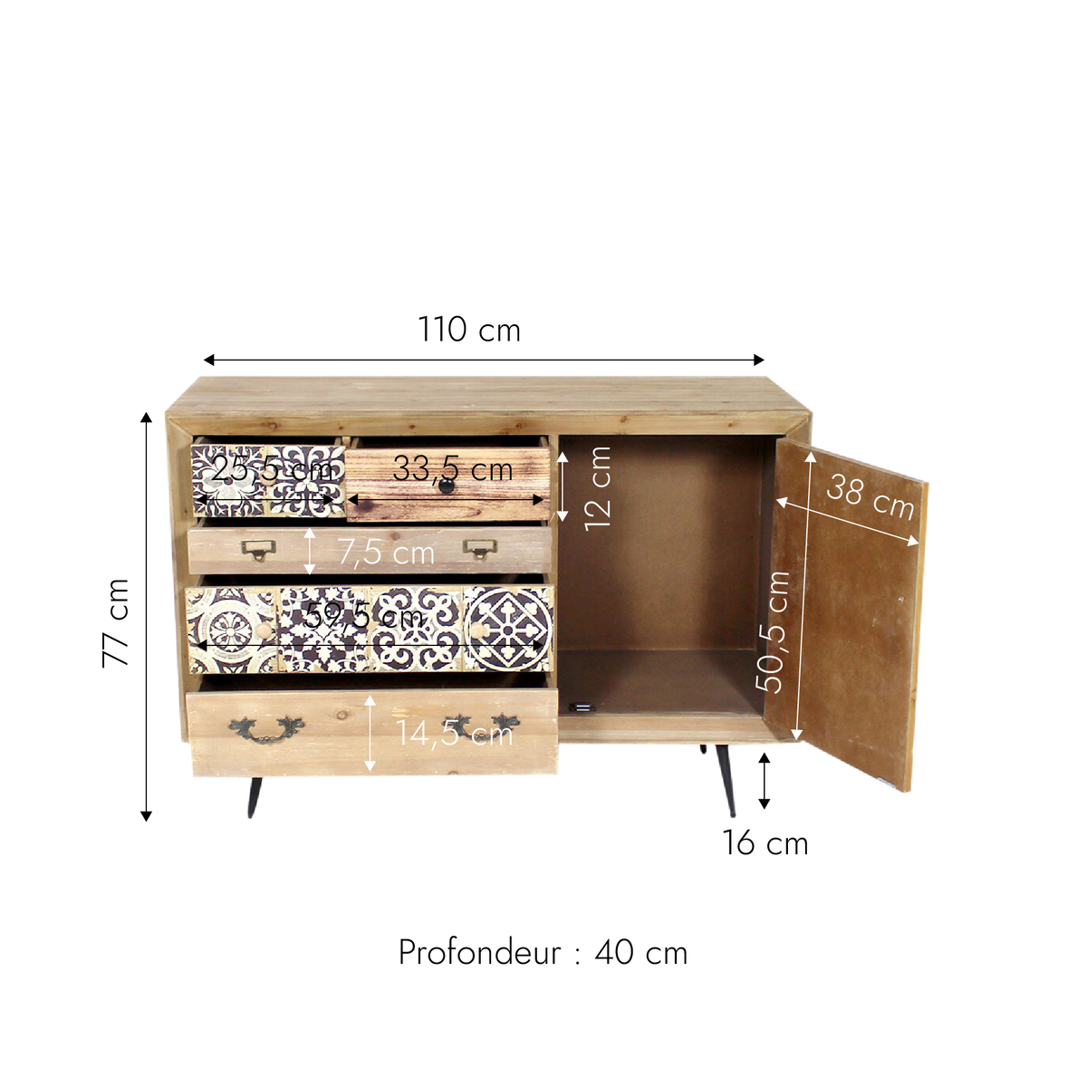 Commode en bois de sapin 5 tiroirs Carreaux de ciments