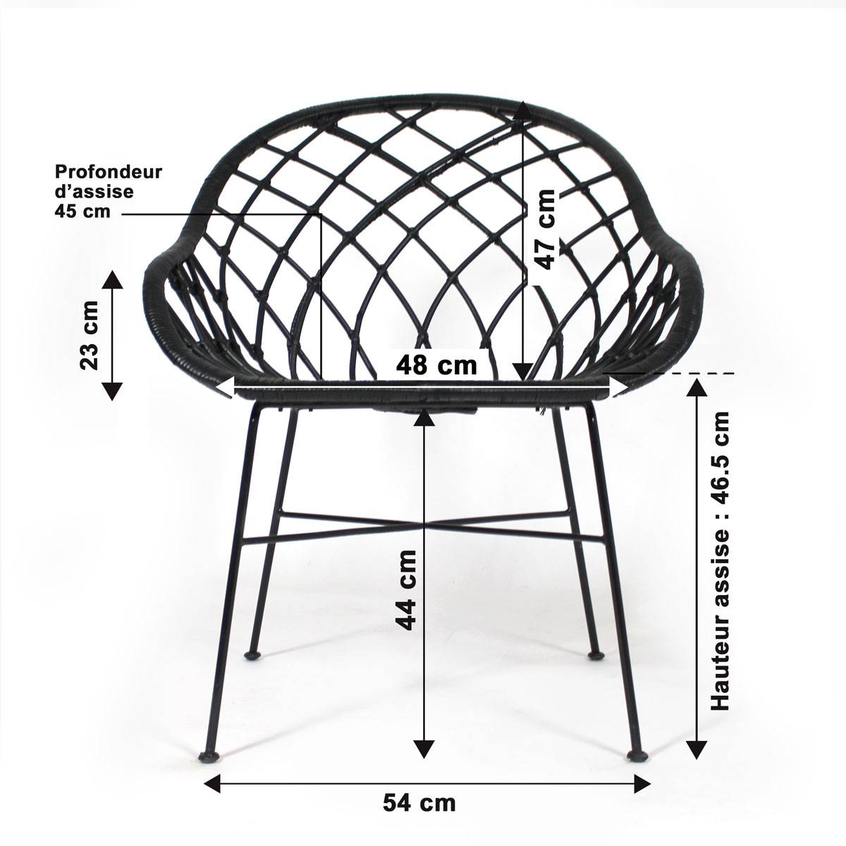 Fauteuil tressé rotin teinté noir, pieds métal