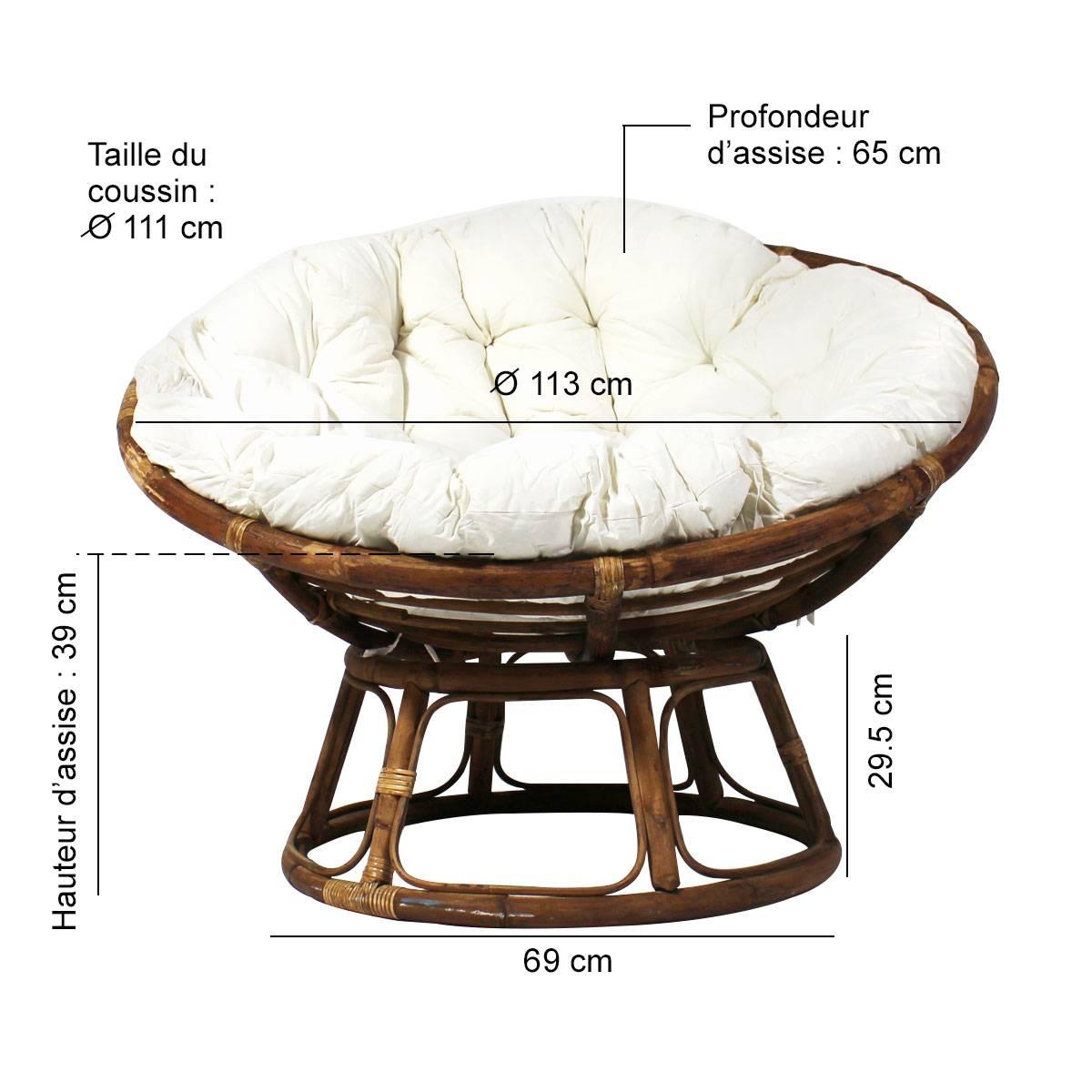 Fauteuil papasan en rotin avec coussin Rattan