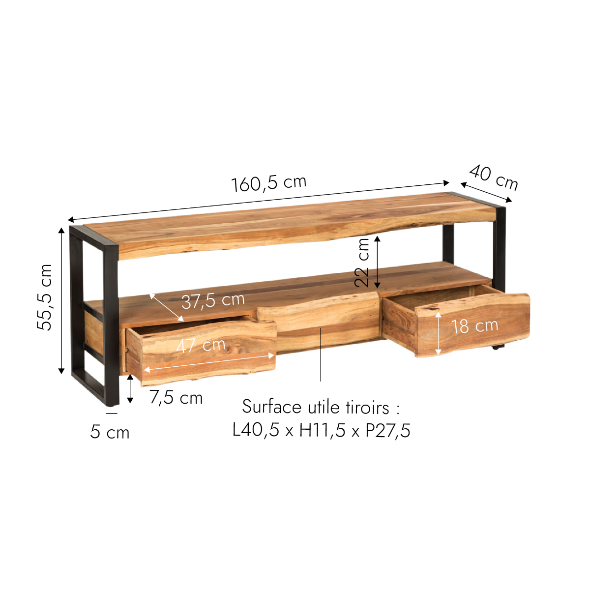 Meuble TV en bois d'acacia 3 tiroirs Tree