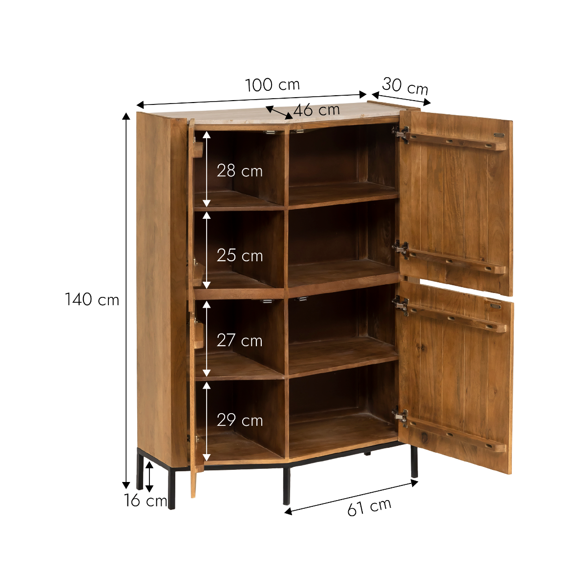 Buffet haut en bois de manguier clair et travertin Josh