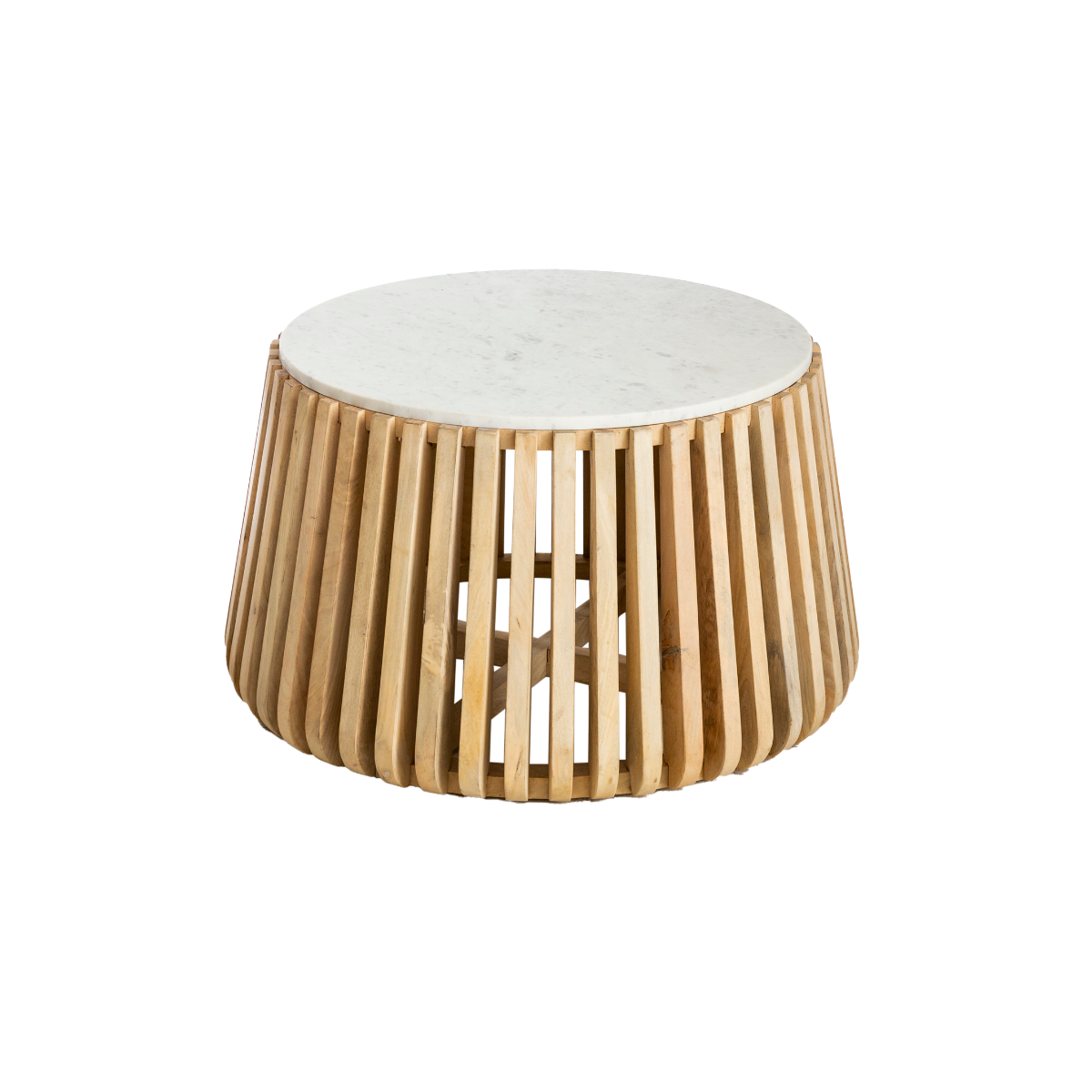 Table basse ronde en bois de manguier et marbre blanc Naxos
