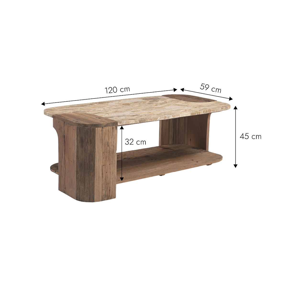 Table basse en bois recyclé et en marbre Capucine