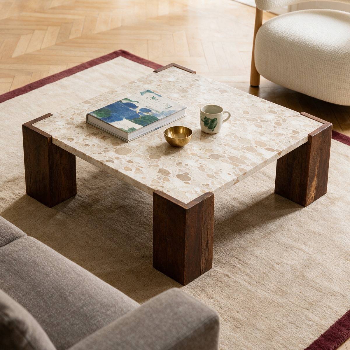 Table basse carrée en bois recyclé et marbre Capucine