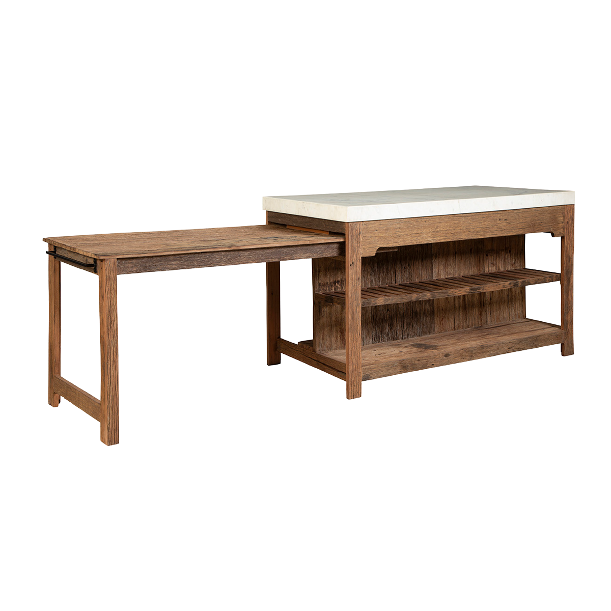 Ilot avec table extensible en bois recyclé et en marbre Capucine