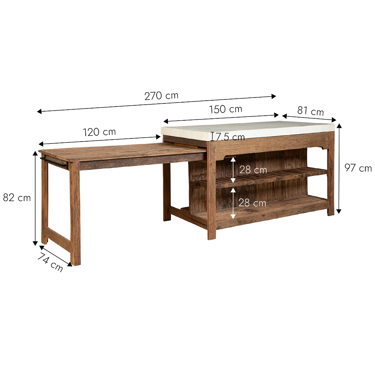 Ilot avec table extensible en bois recyclé et en marbre Capucine