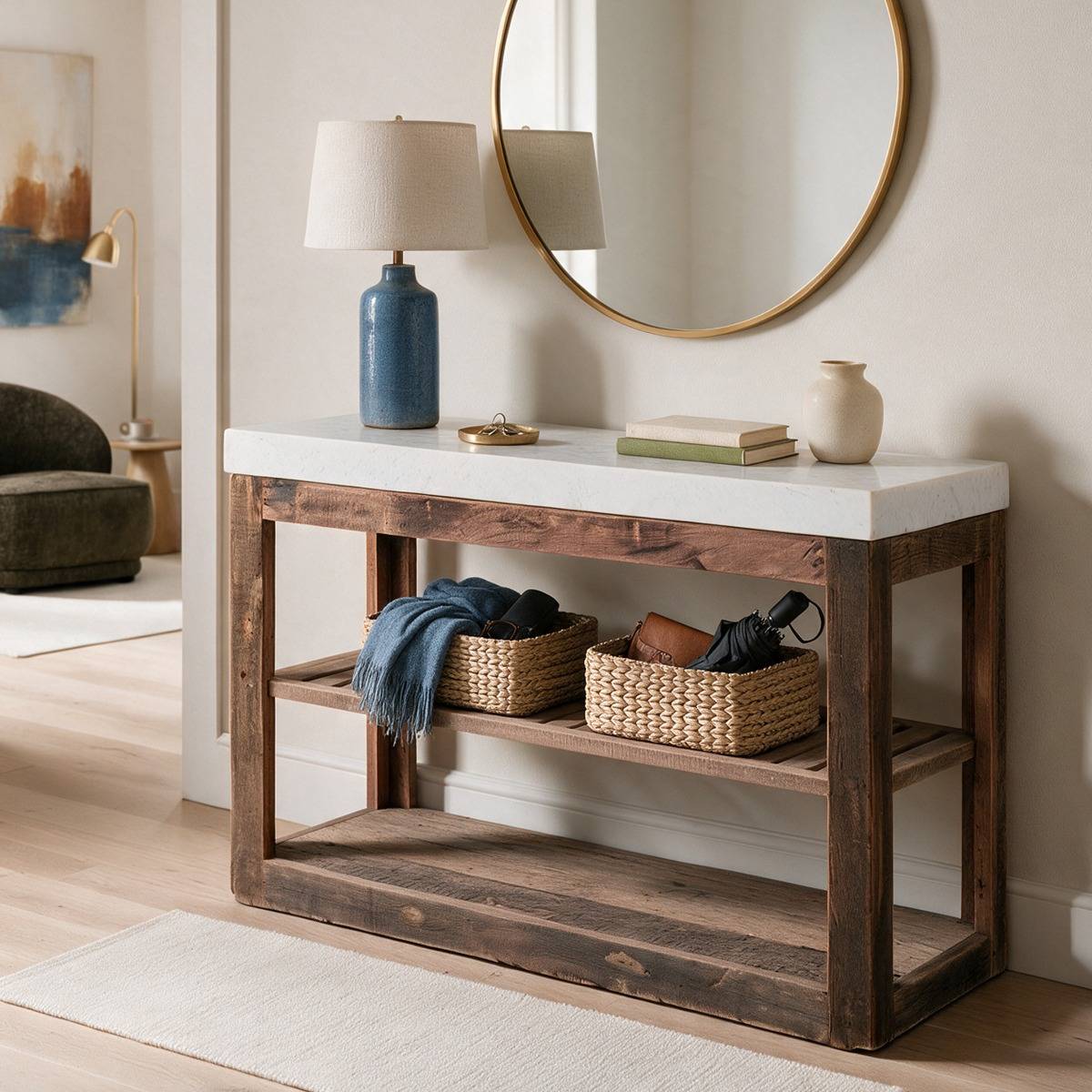 Console avec étagères en bois recyclé et marbre Capucine
