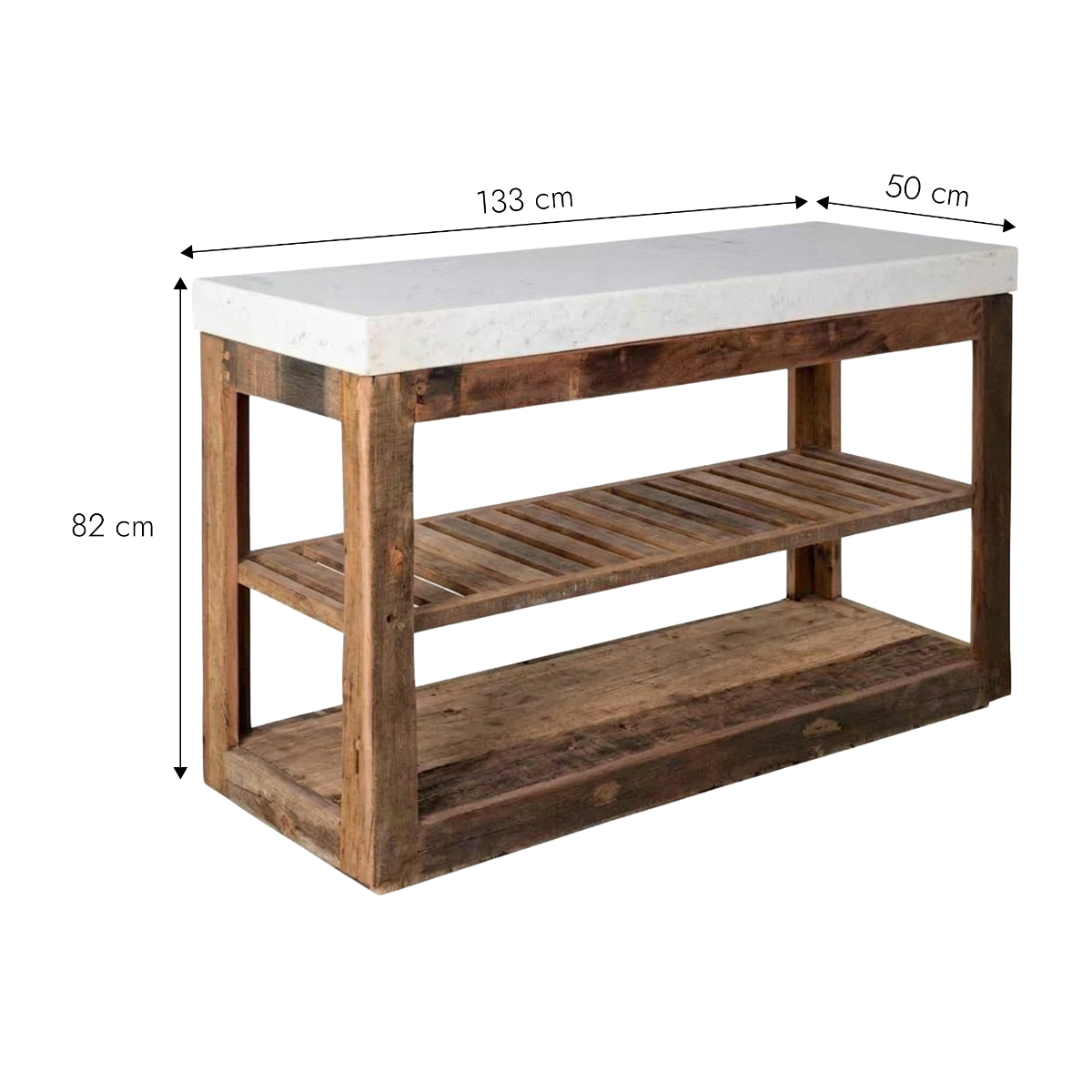 Console avec étagères en bois recyclé et marbre Capucine