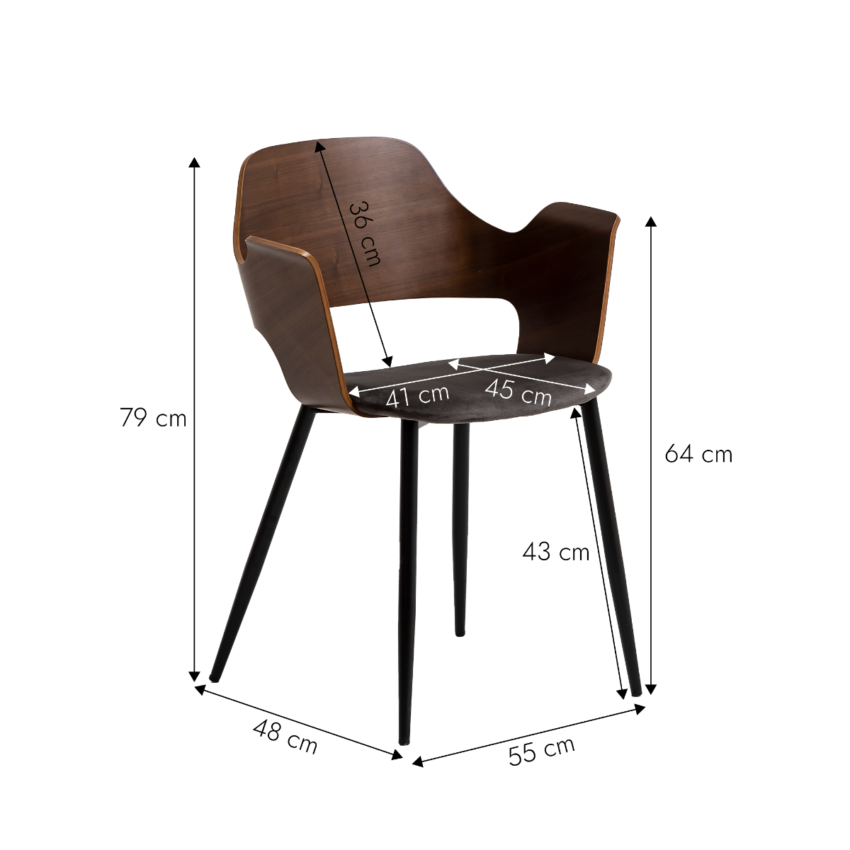 Chaise en bois foncé et velours gris Florence (lot de 2)