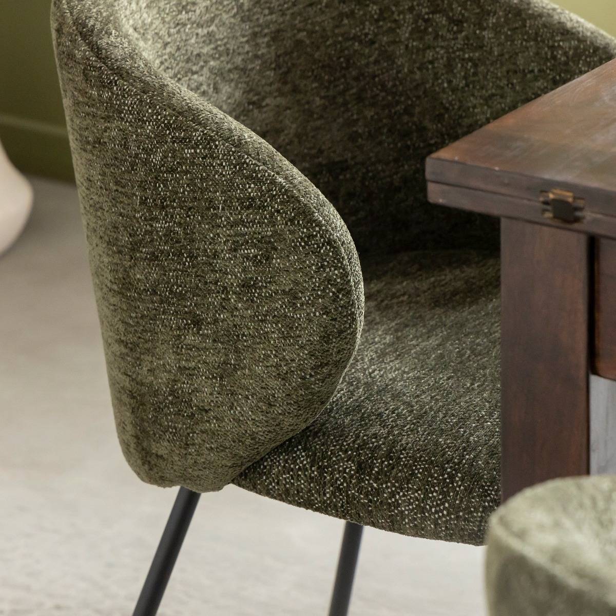 Chaise avec accoudoirs ronds en tissu vert et pieds en métal Cléa (lot de 2)