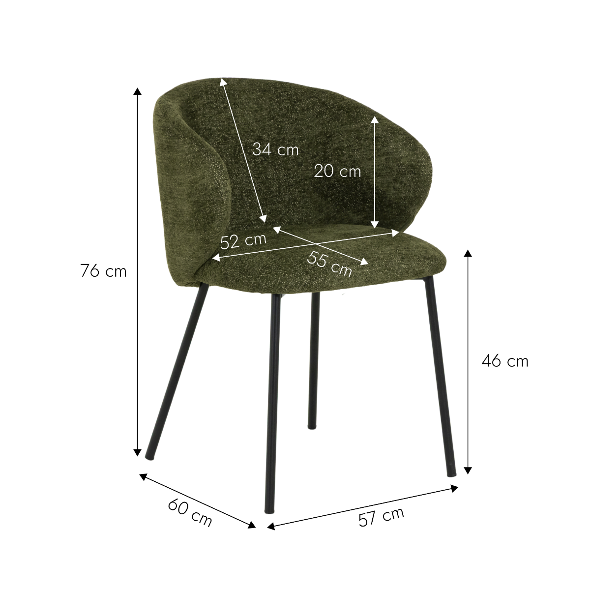 Chaise avec accoudoirs ronds en tissu vert et pieds en métal Cléa (lot de 2)