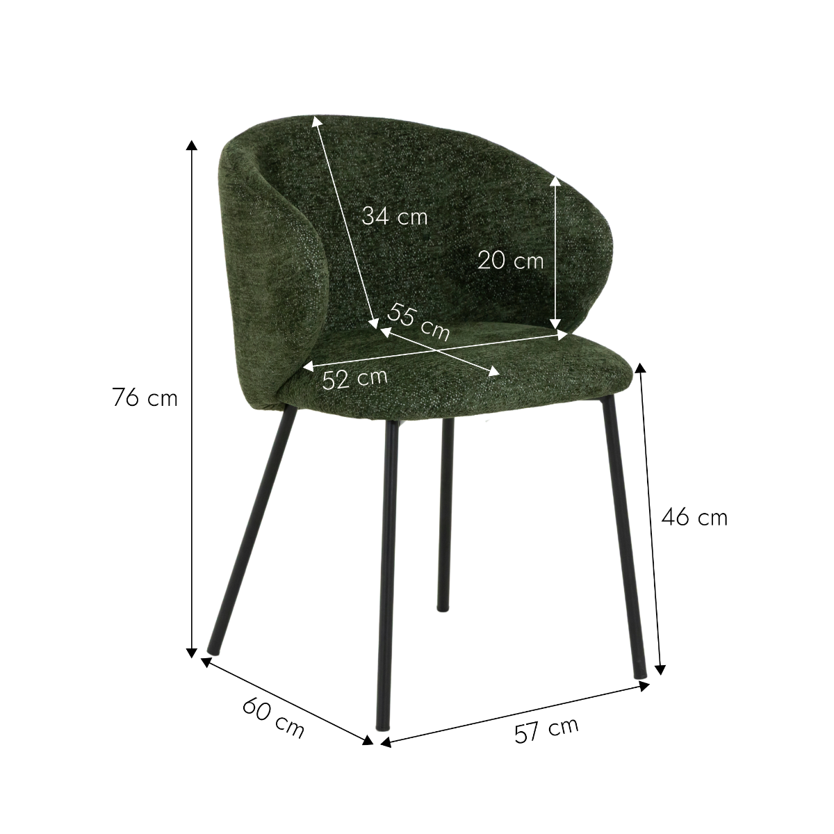Chaise avec accoudoirs ronds en tissu vert et pieds en métal Cléa (lot de 2)