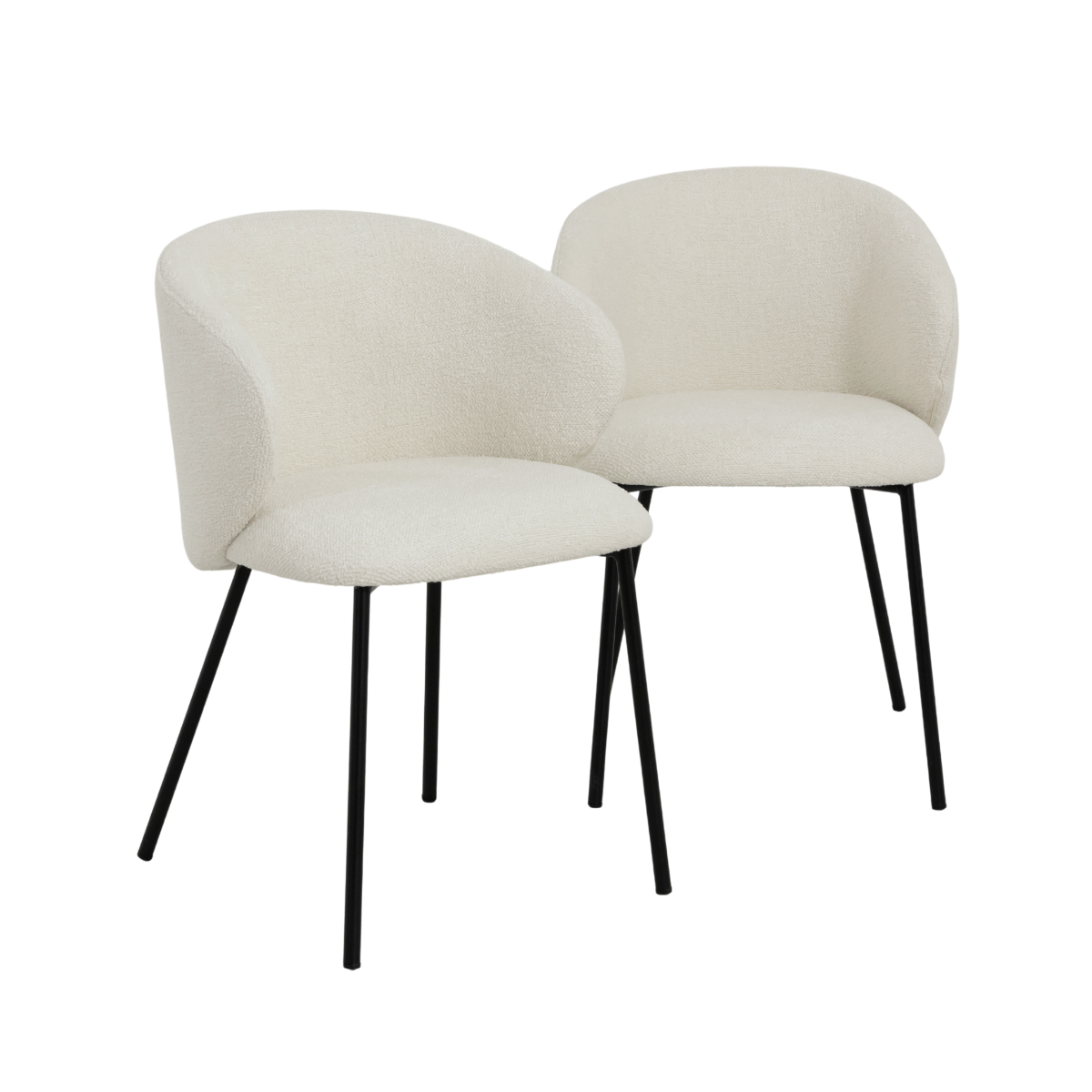Chaise avec accoudoirs ronds en tissu bouclette écru clair et pieds en métal Cléa (lot de 2)