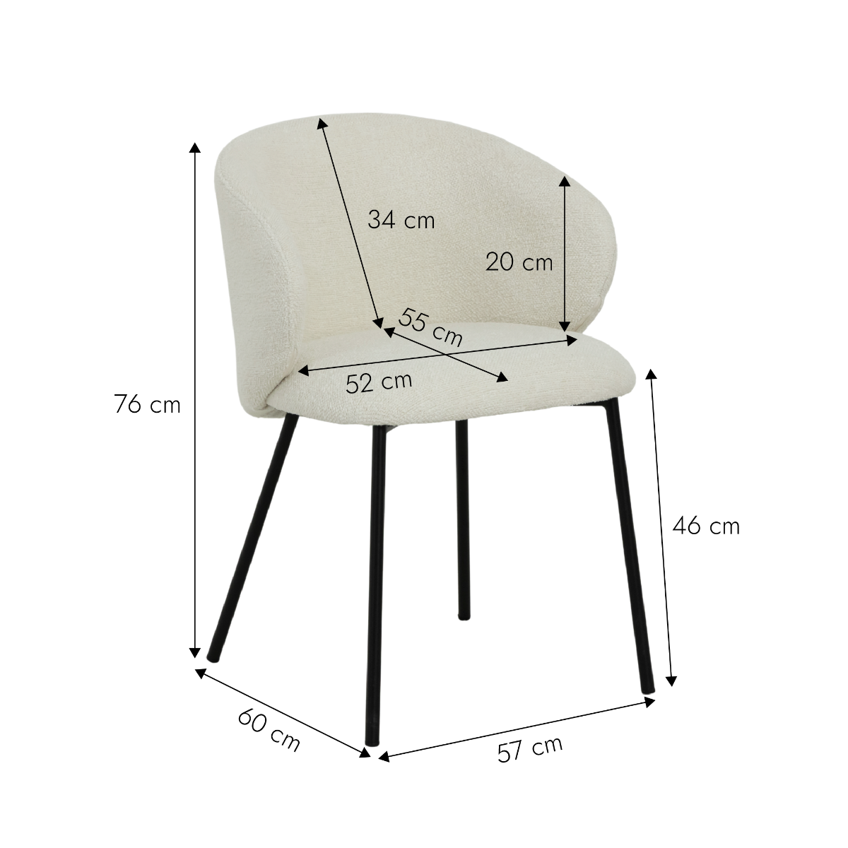 Chaise avec accoudoirs ronds en tissu bouclette blanche et pieds en métal Cléa (lot de 2)