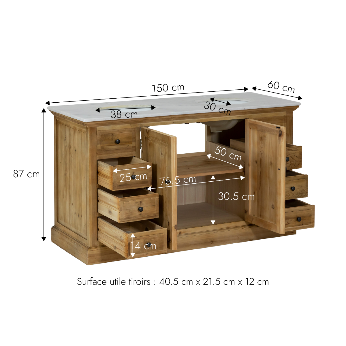 Meuble sous vasque en bois recyclé et marbre Eskel