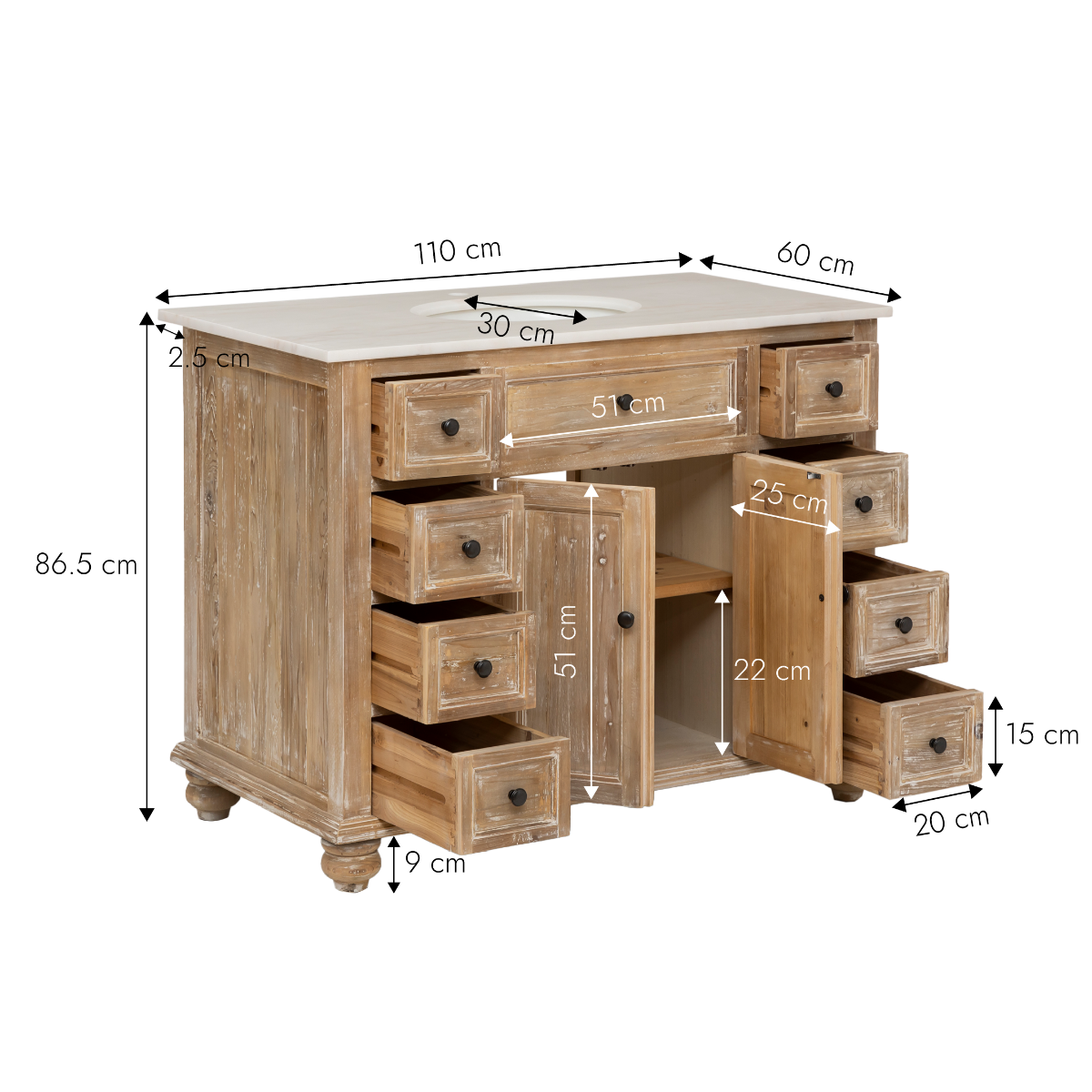 Meuble sous vasque en vieux pin et marbre blanc Octavie