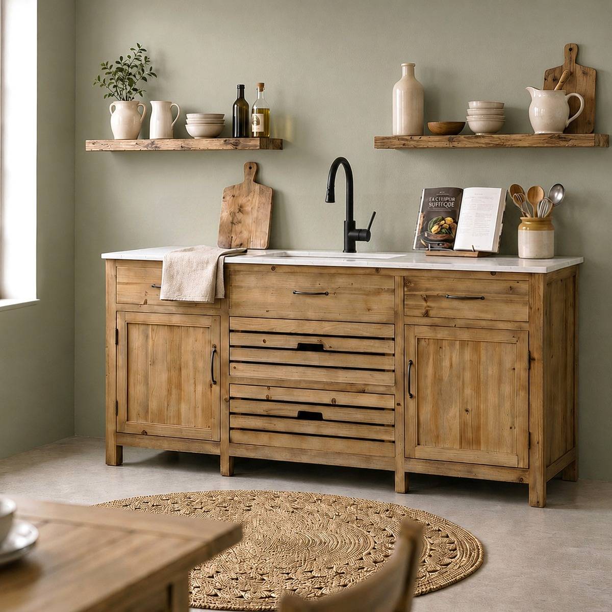 Meuble de cuisine en bois recyclé et marbre blanc Epure
