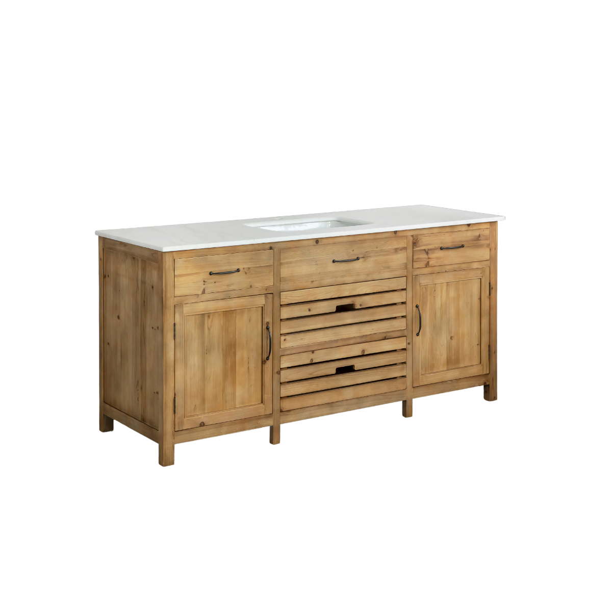 Meuble de cuisine en vieux pin et marbre blanc Epure