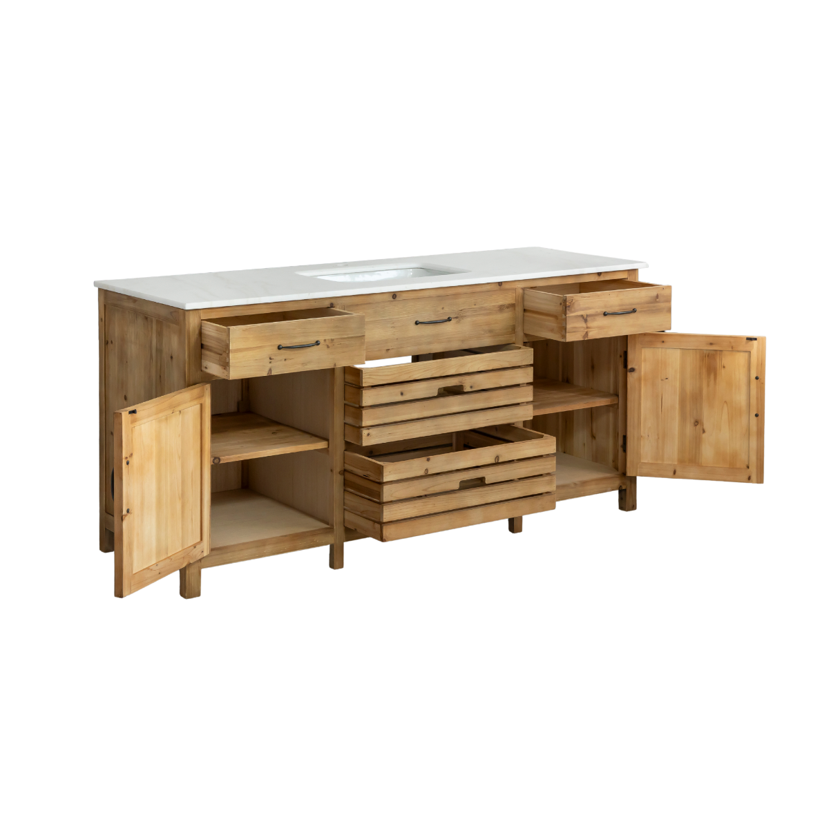 Meuble de cuisine en vieux pin et marbre blanc Epure