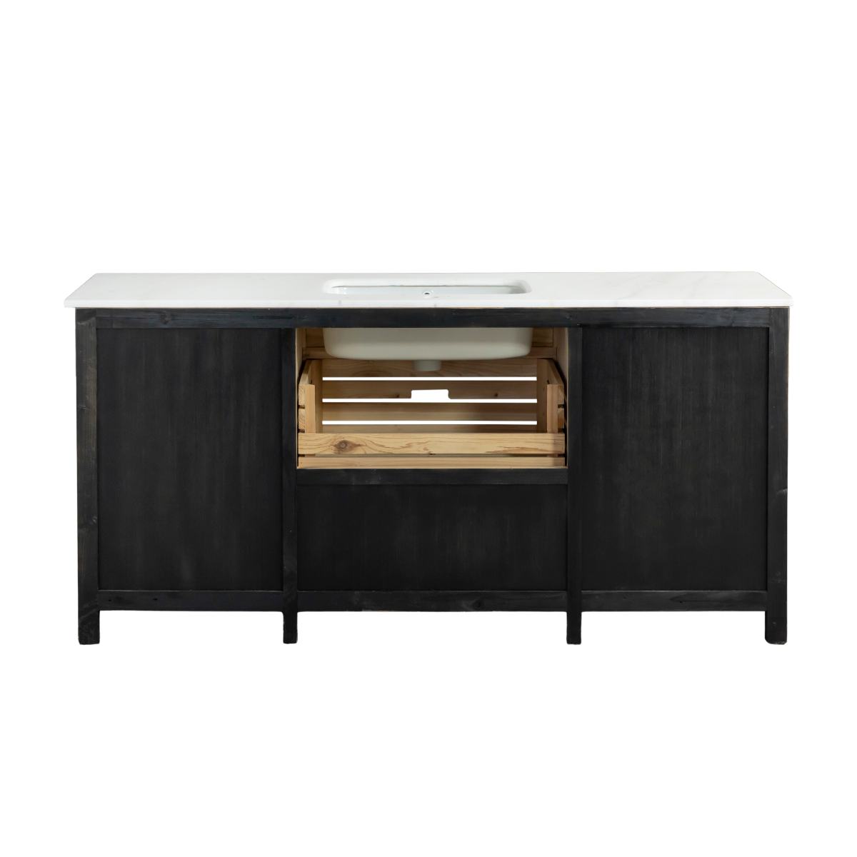 Meuble de cuisine en vieux pin et marbre blanc Epure