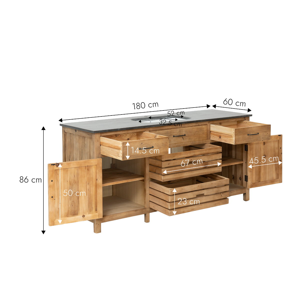 Meuble sous vasque en vieux pin et pierre bleue Bloom