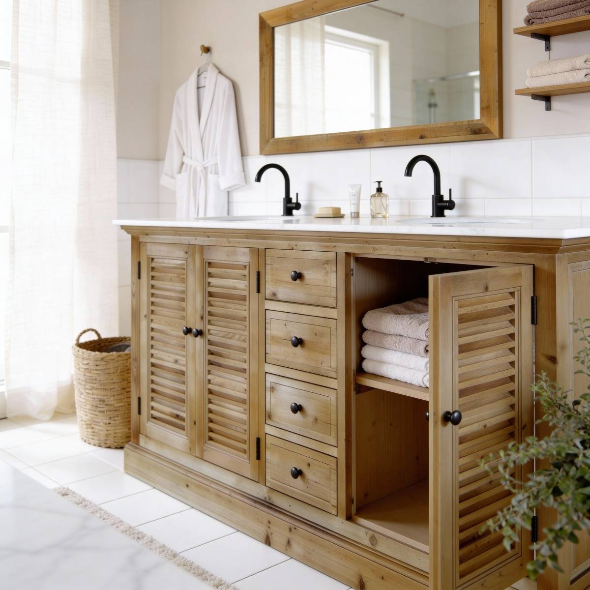 Meuble sous vasque en bois recyclé et marbre Azran