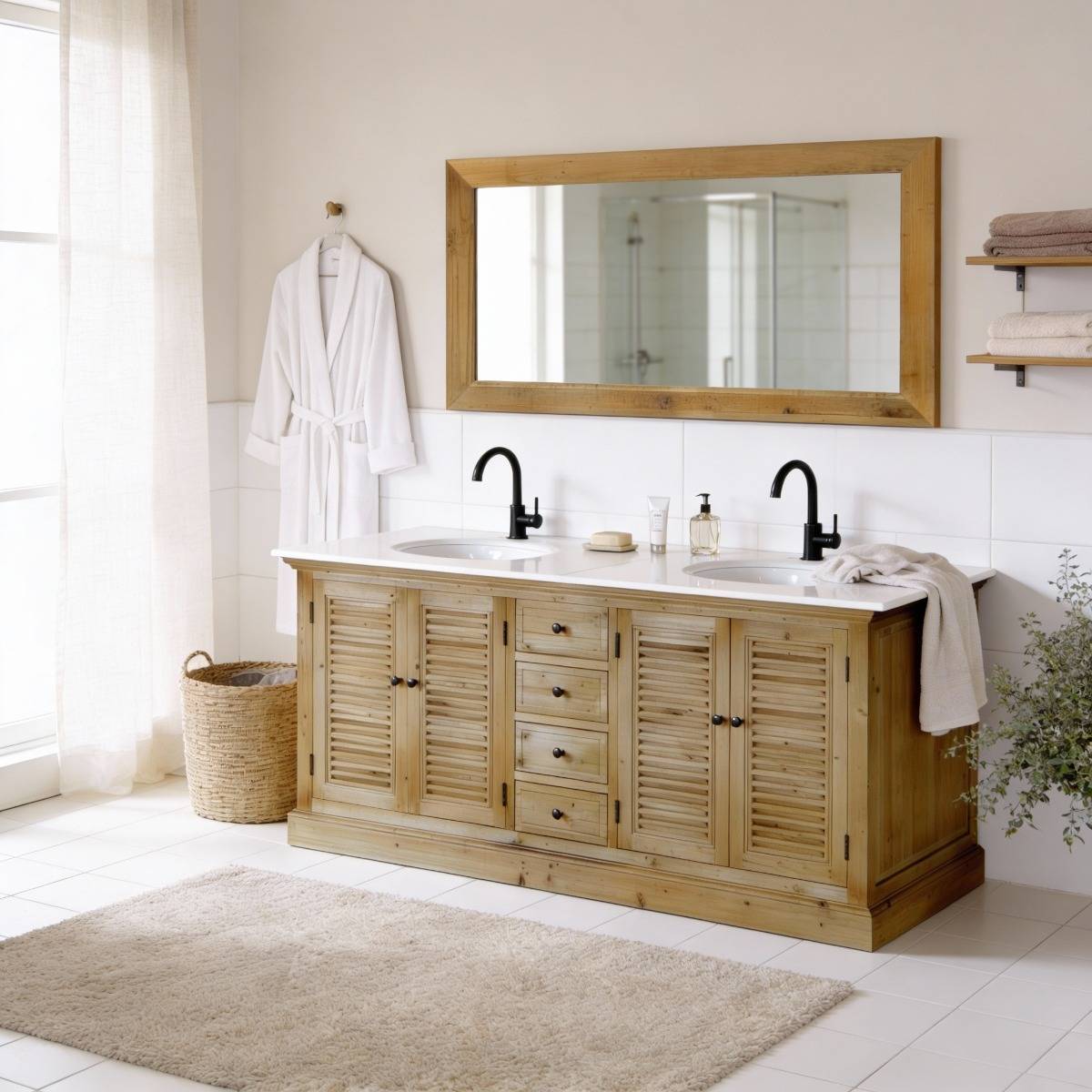 Meuble sous vasque en bois recyclé et marbre Azran