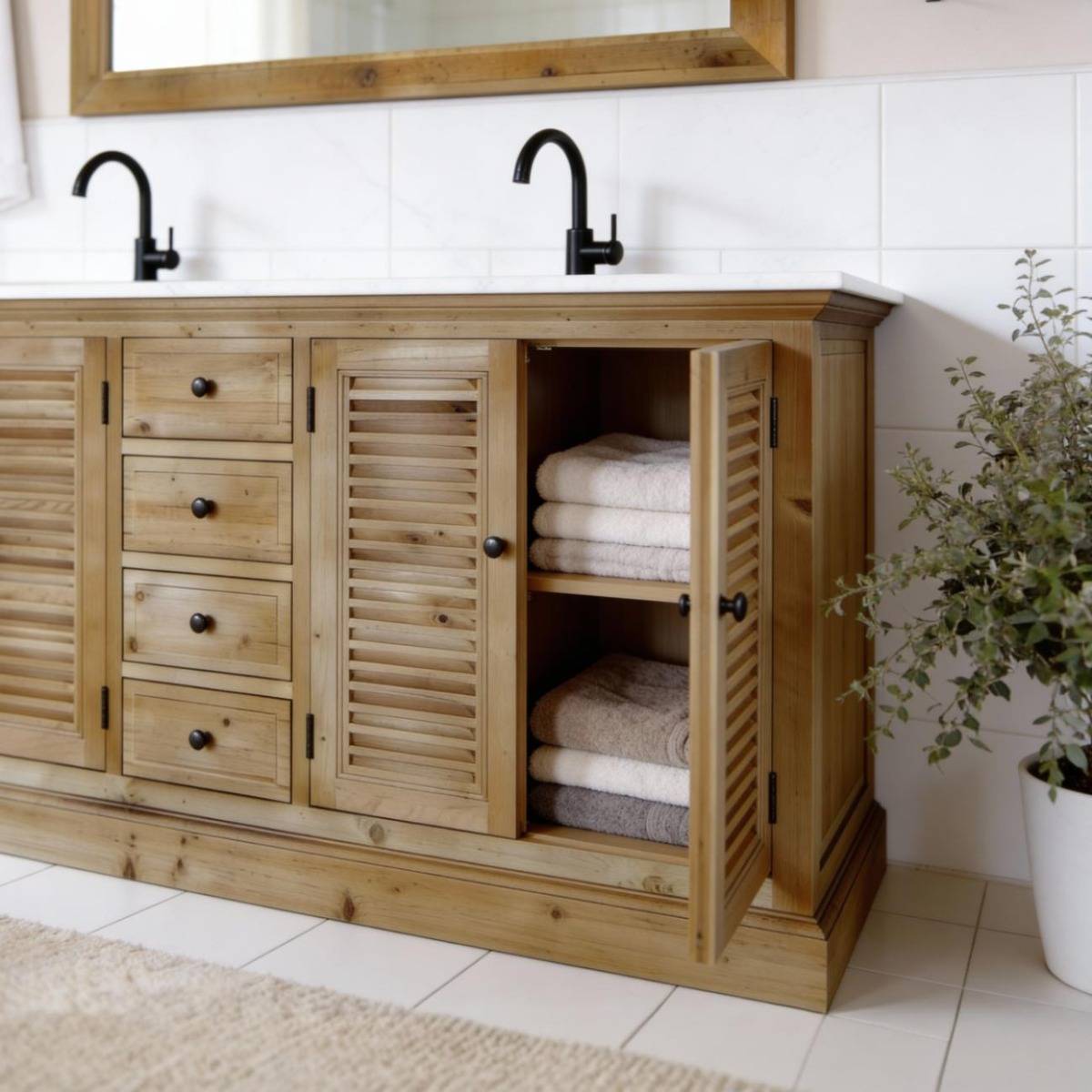 Meuble sous vasque en bois recyclé et marbre Azran