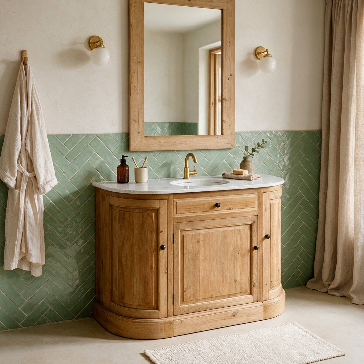 Meuble sous vasque en bois recyclé et marbre Garance