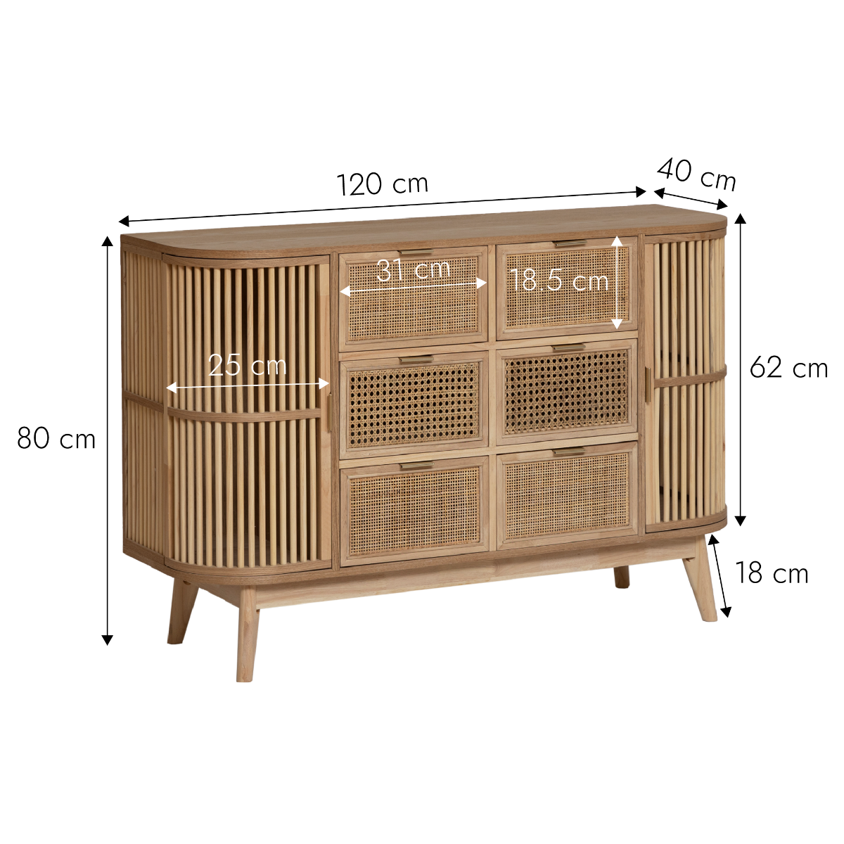 Commode en bois de pin et cannage Guido