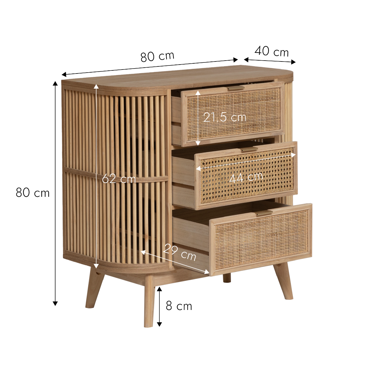 Petite commode en bois de pin et cannage Guido