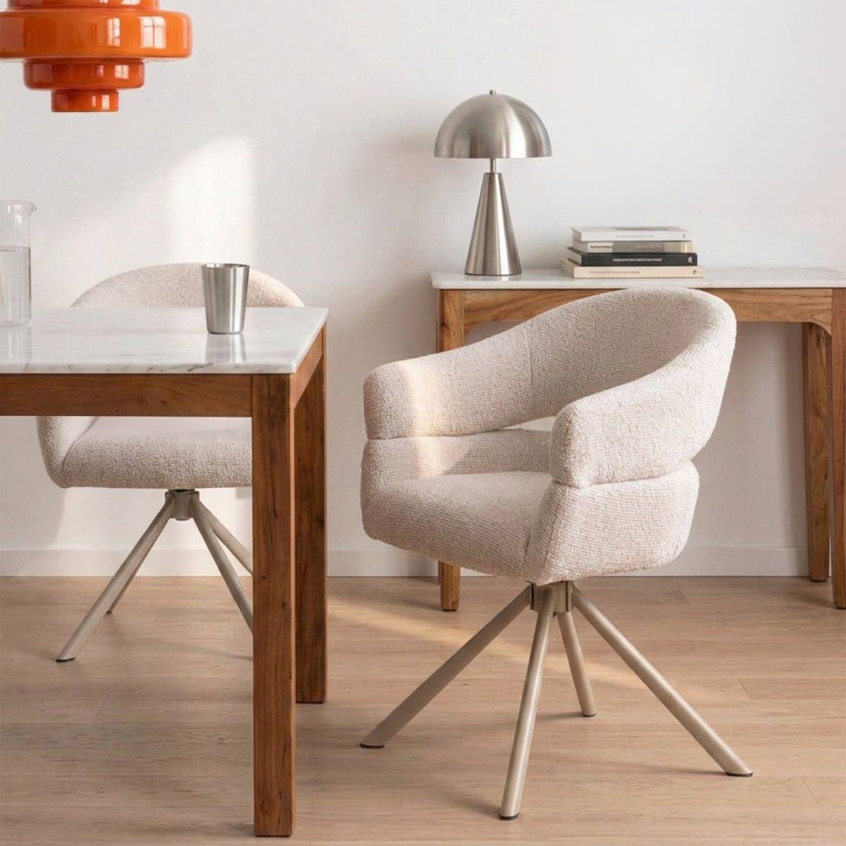 Chaise en tissu écru et pied central en métal beige Florine (lot de 2)