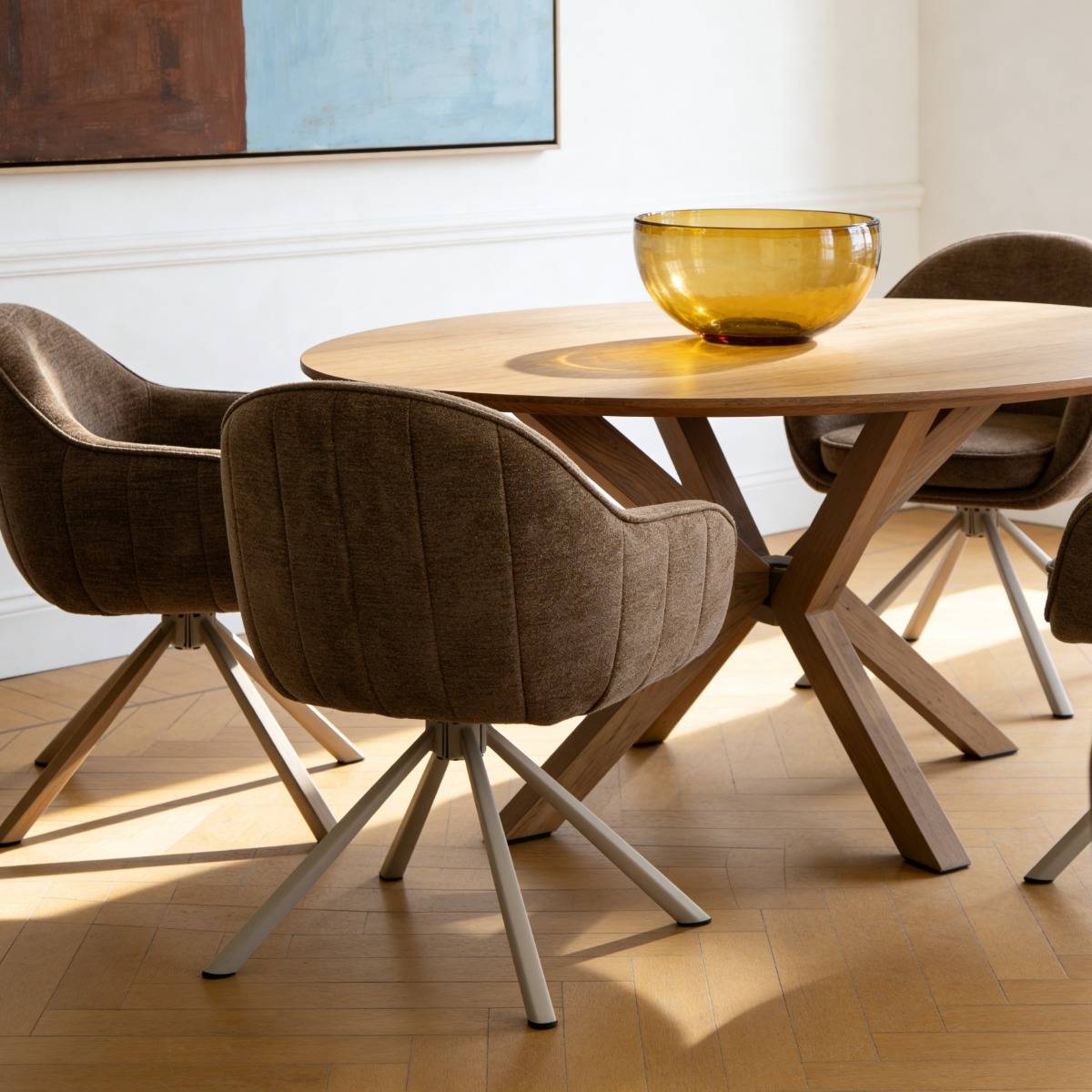 Chaise en tissu marron et pied central en métal beige Florine (lot de 2)