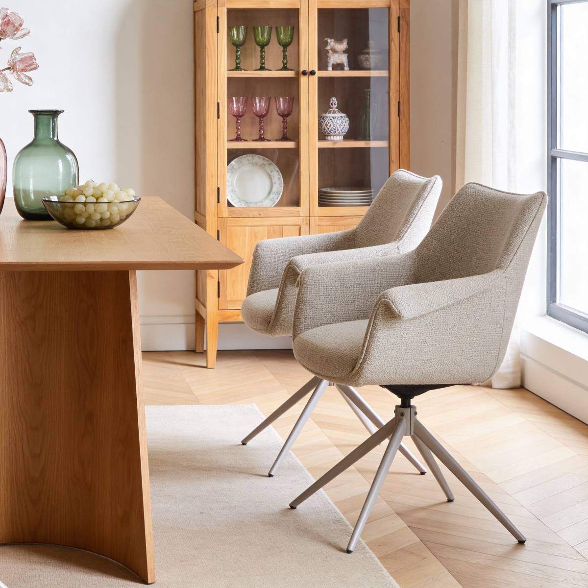 Chaise en tissu beige chiné et pied central en métal taupe Florine (lot de 2)