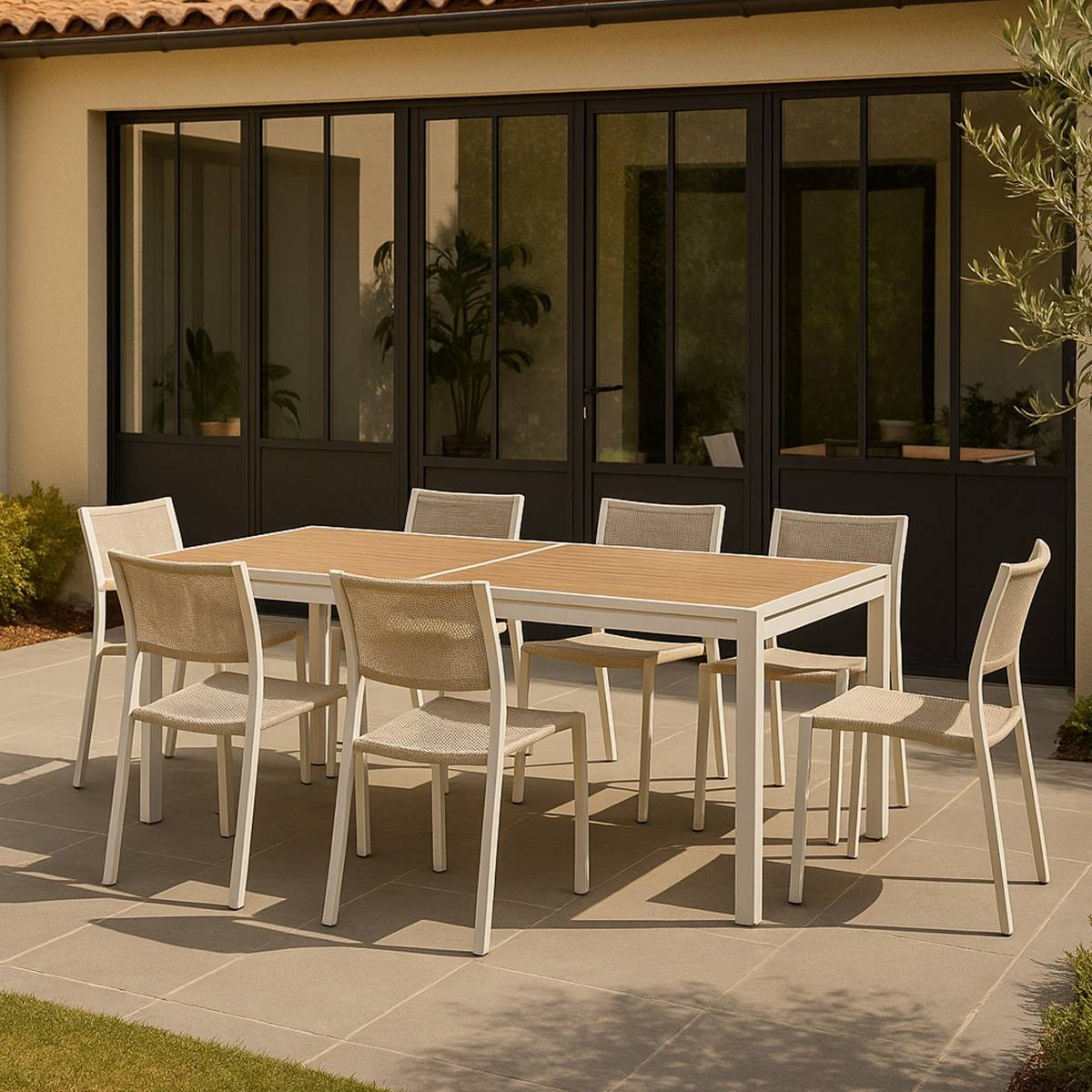 Grande table de jardin en aluminium blanc et effet bois Ayden