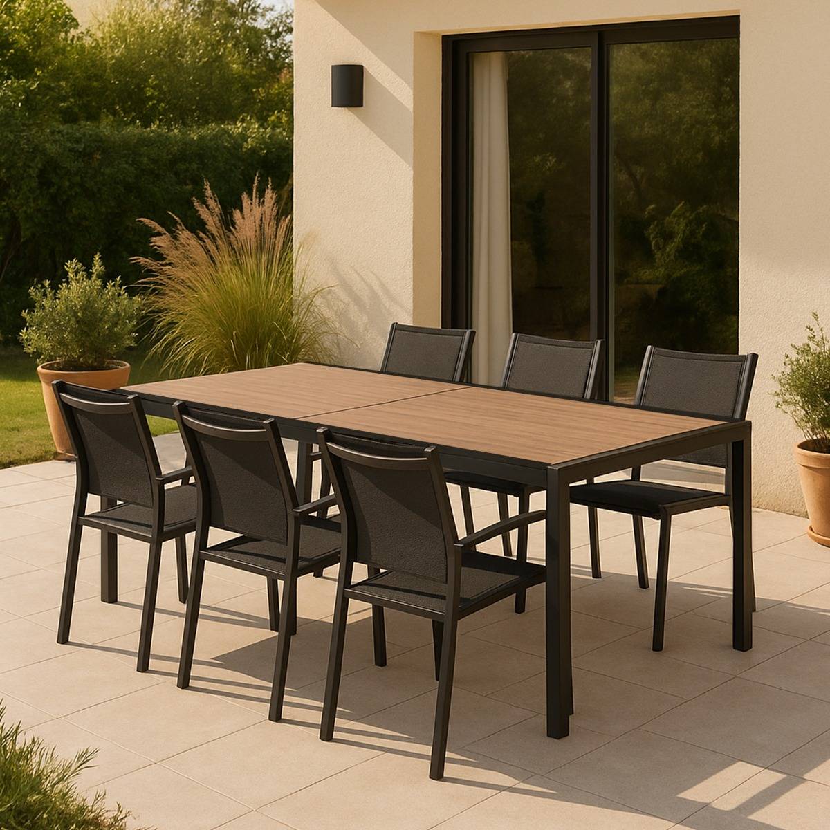 Grande table de jardin en aluminium gris et effet bois Ayden