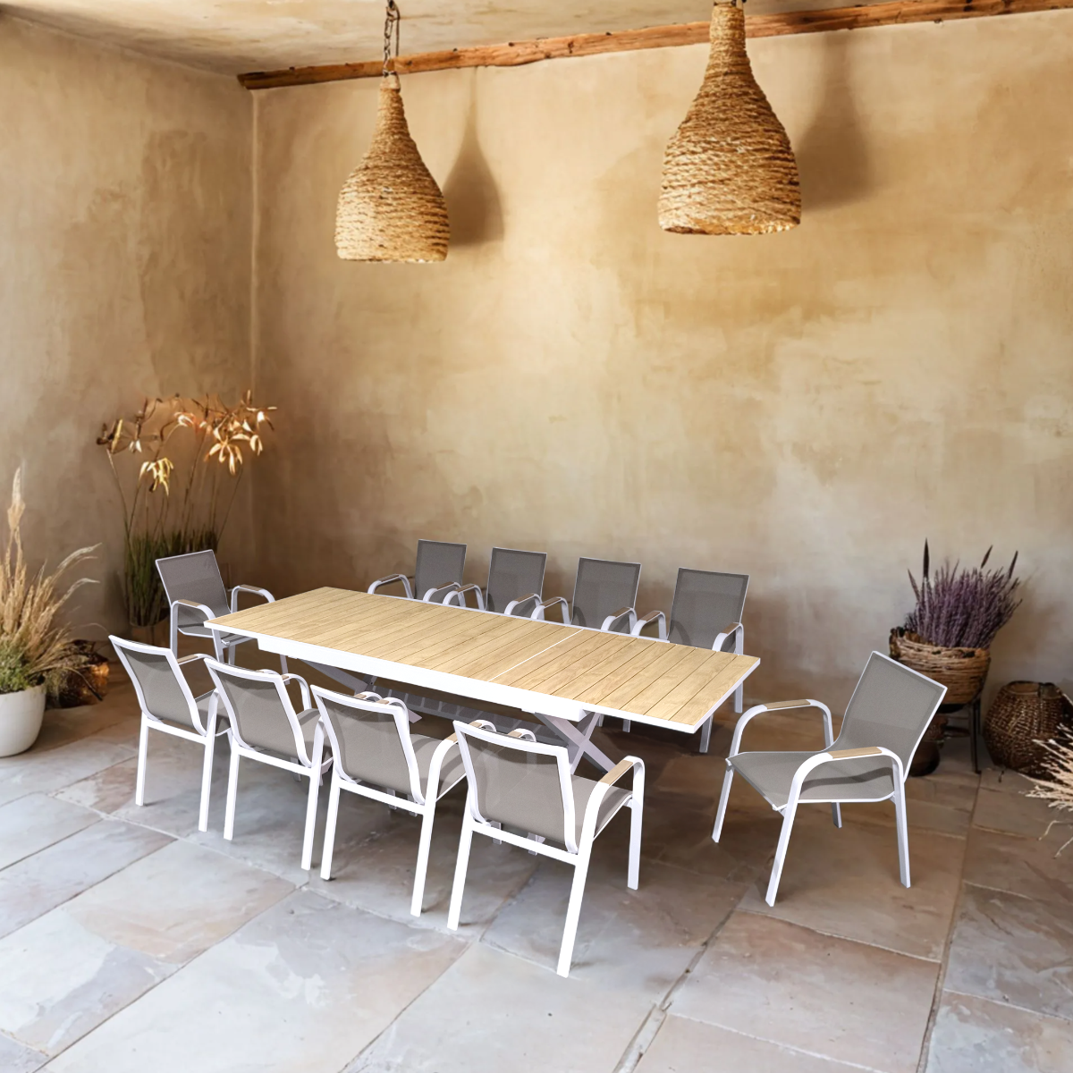 Table de jardin blanche et effet bois en aluminium Ayden