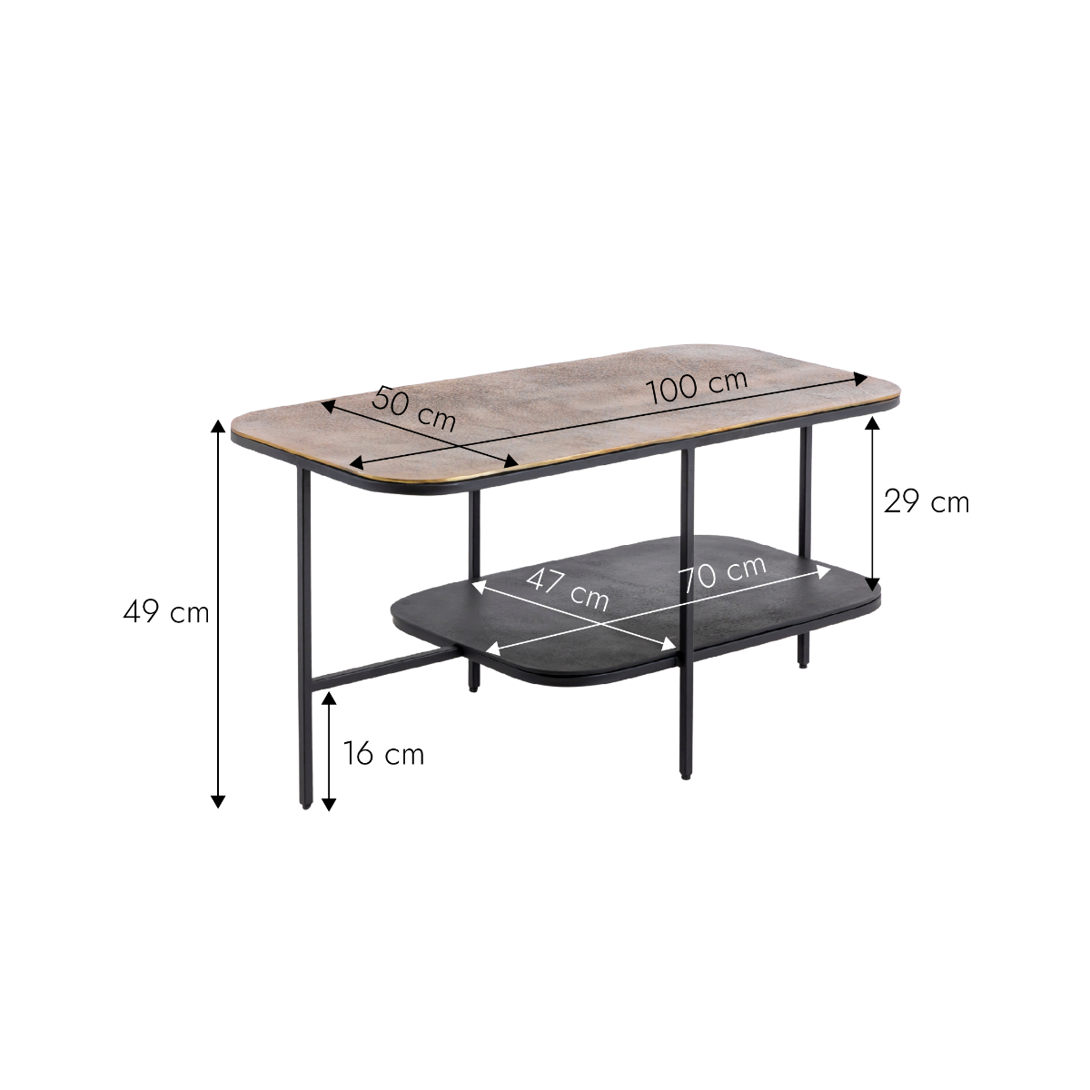Table basse avec plateau en aluminium doré et métal noir Victoria