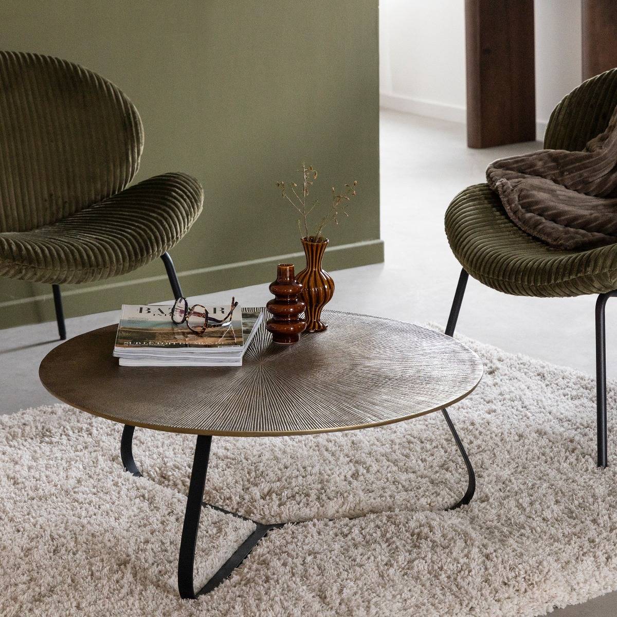 Table basse ronde en aluminium doré et métal noir Aurèle