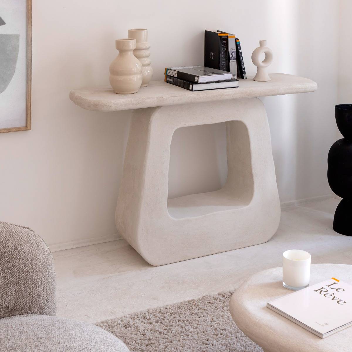 Console pied central en MDF blanc effet béton Danaé