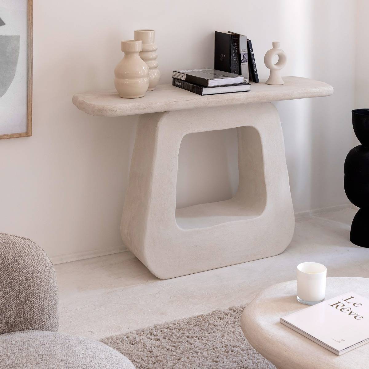 Console pied central en MDF blanc effet béton Danaé