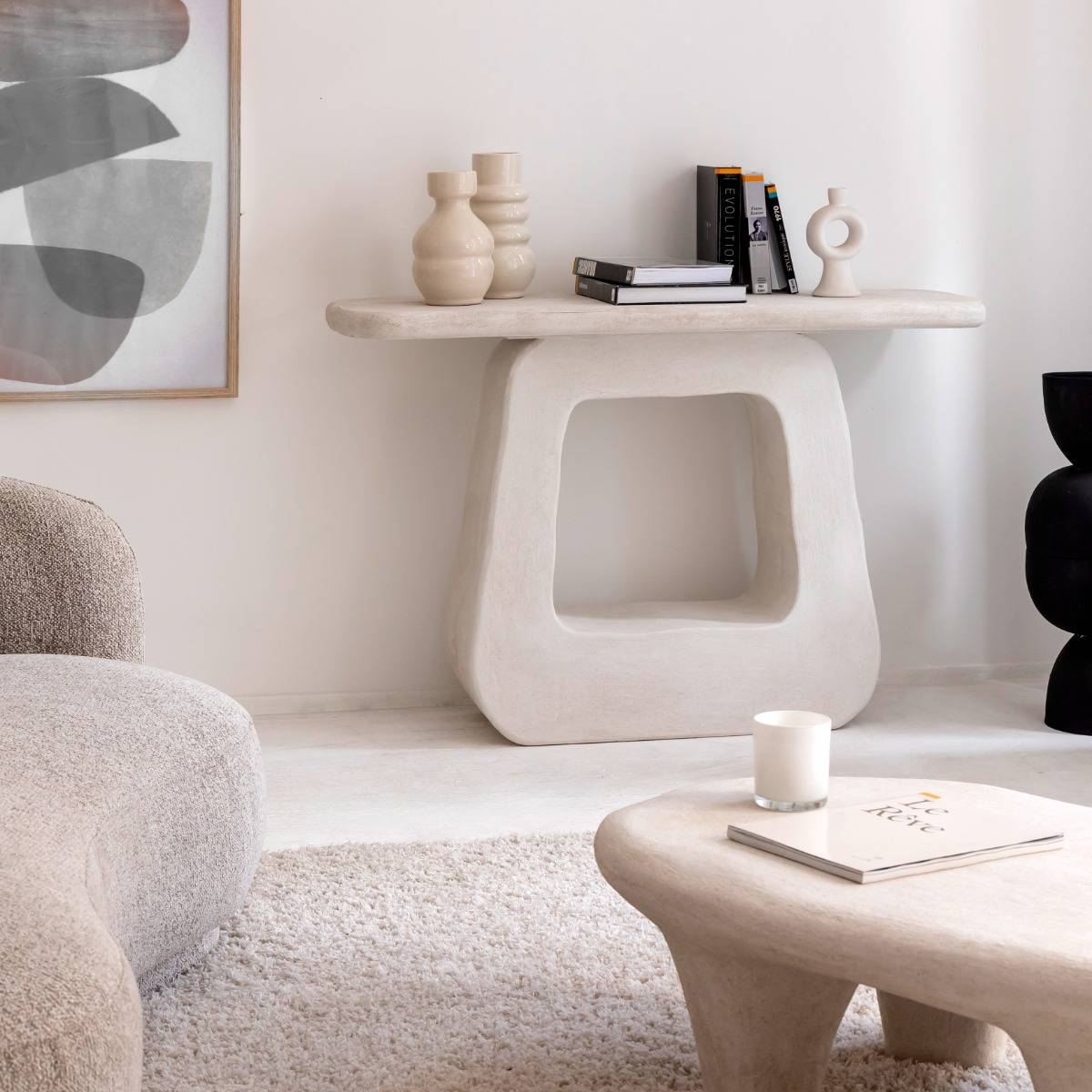 Console pied central en MDF blanc effet béton Danaé