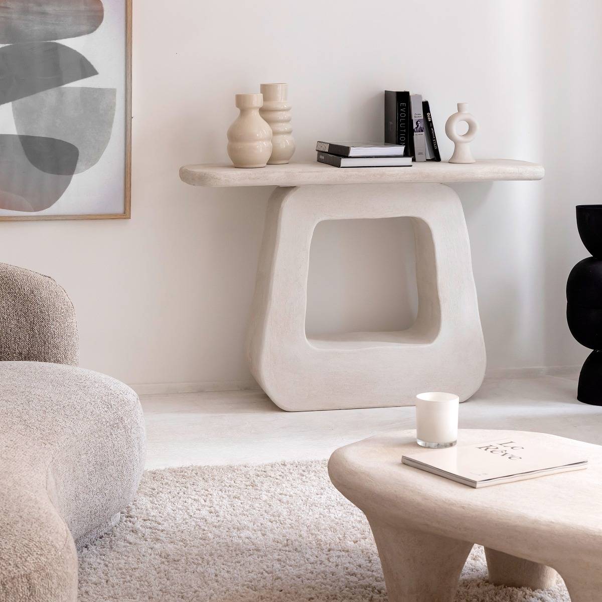 Console pied central en MDF blanc effet béton Danaé