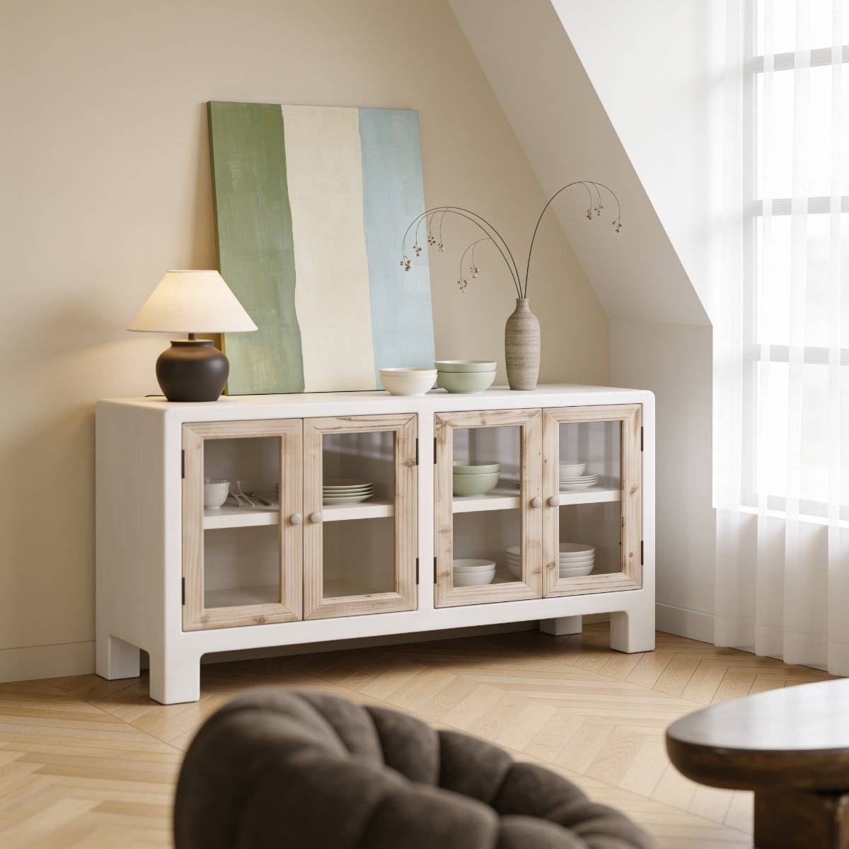 Buffet en bois effet béton et bois de sapin Anaya