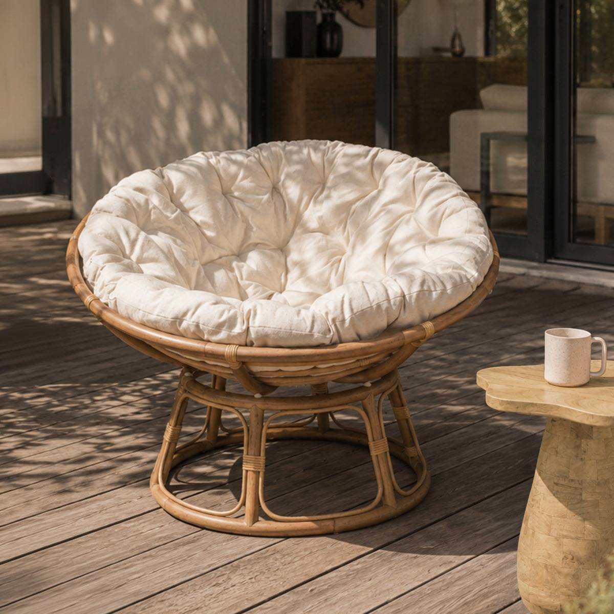 Fauteuil de jardin papasan en rotin avec coussin Rattan