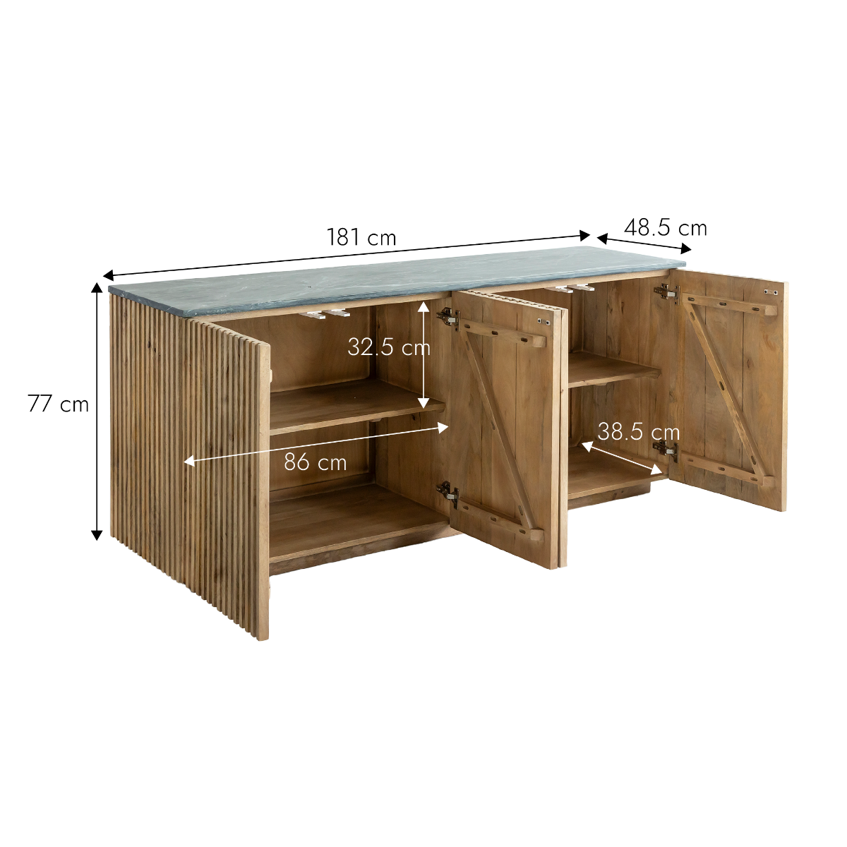 Buffet 4 portes en bois de manguier et marbre Betty