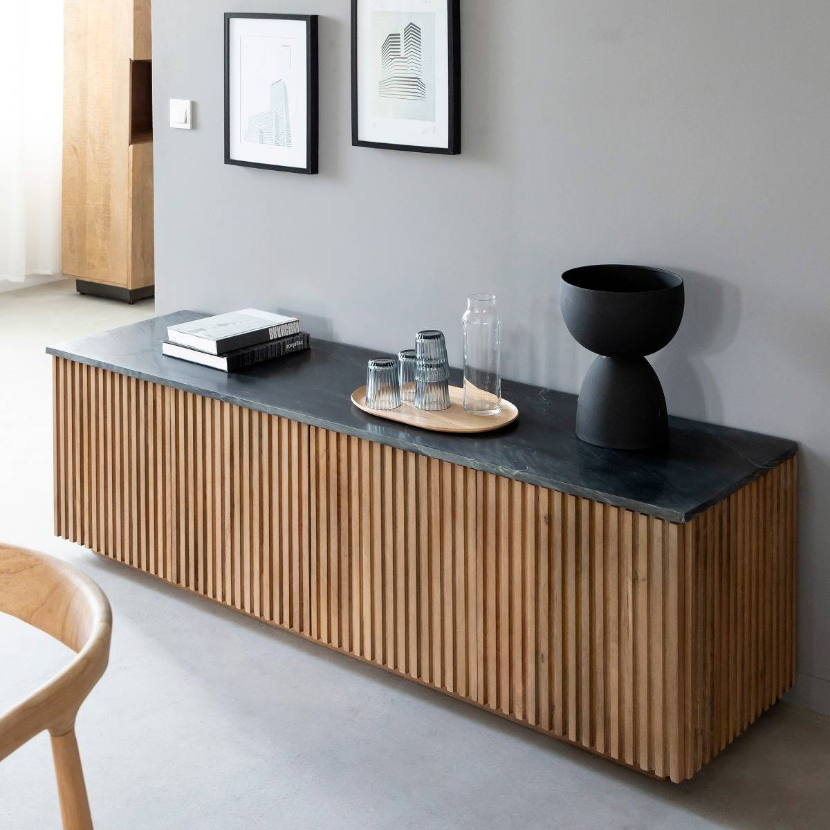 Meuble TV en bois de manguier et marbre Betty