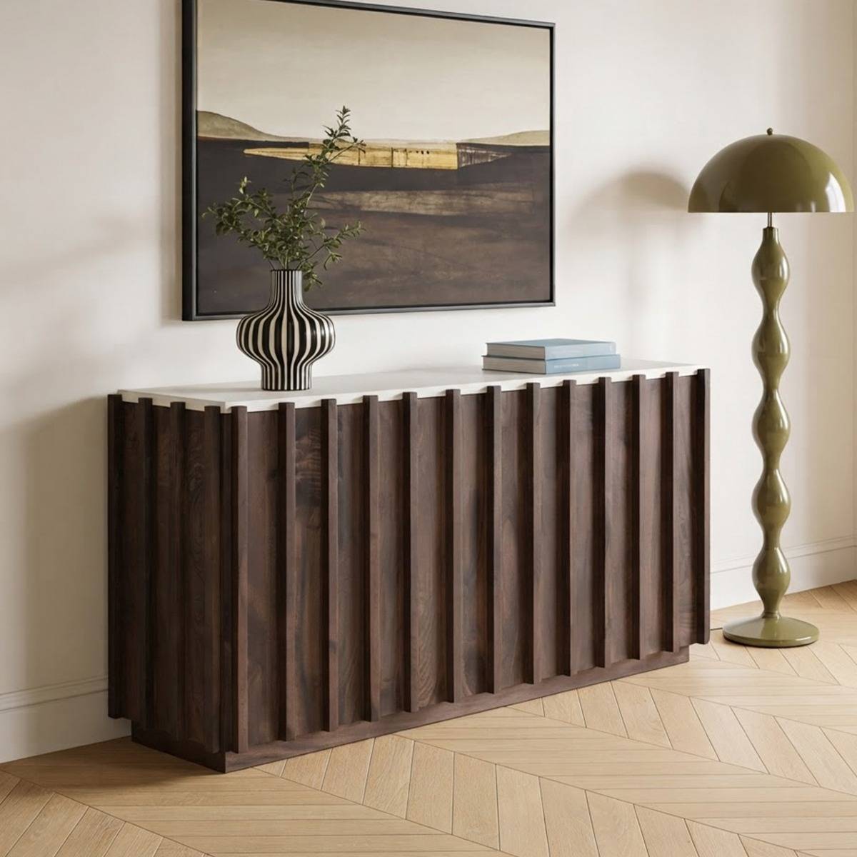 Buffet en bois de manguier et plateau blanc Lilith
