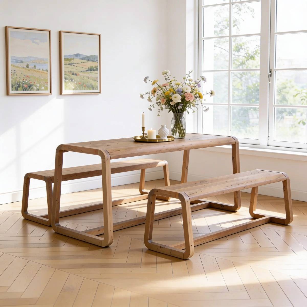 Table à manger + 2 bancs en bois d'acacia Kalani