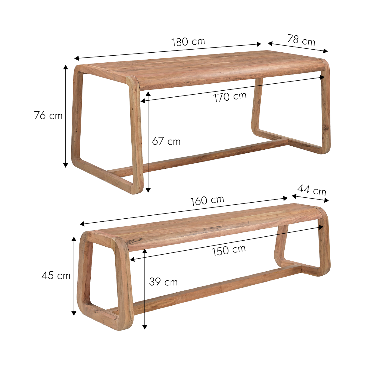 Table à manger + 2 bancs en bois d'acacia Kalani
